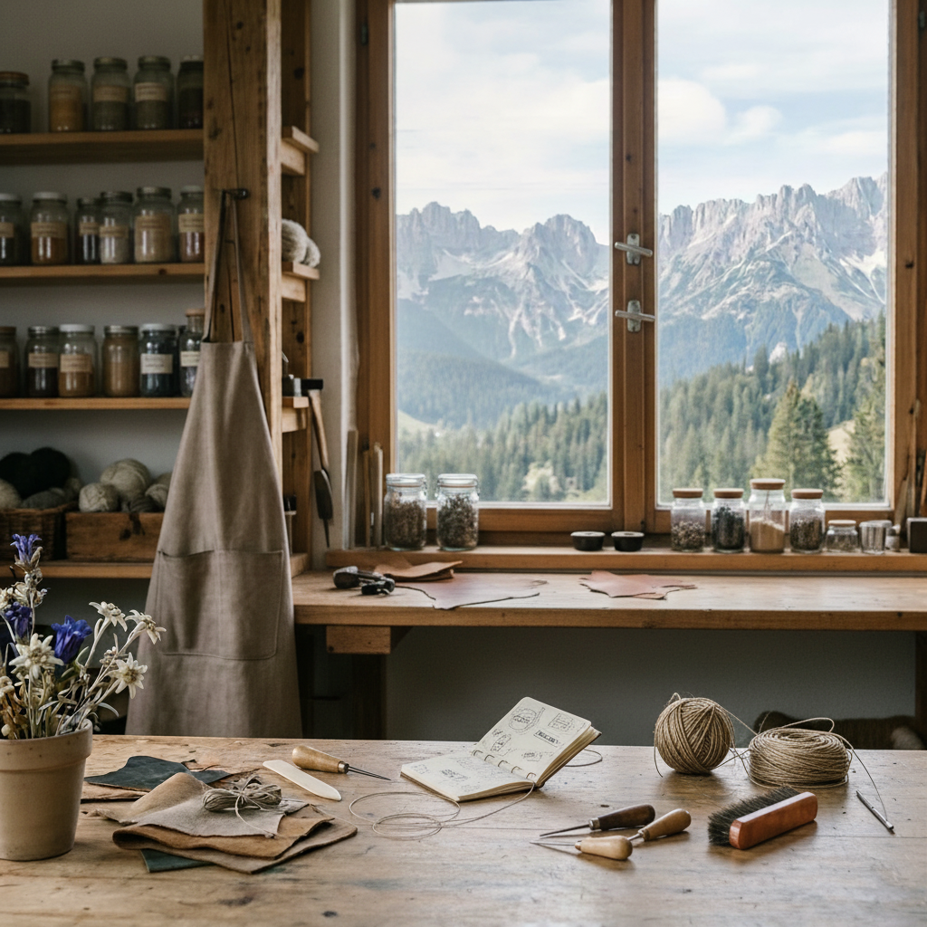A rustic Alpine workshop crafting scene without any people. Wooden workbench with leather crafting tools scattered on it: needles, awls, a brush, thread/twine, leather pieces, and a small notebook. In the background: wooden shelves with glass jars filled with herbs and materials, a hanging linen apron, dried flowers and blue alpine flowers in a clay pot on the left. Large wooden-framed window with a stunning Alpine mountain view in the background, green forest and snowy peaks visible. Warm, natural light. Cozy, sophisticated atmosphere. Square format, photorealistic style.