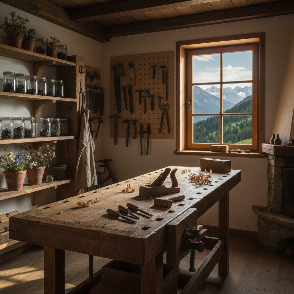A rustic Alpine workshop scene without any people. Wooden workbench with leather crafting tools, needles, awls, thread, leather pieces. In the background: wooden shelves with glass jars, a hanging linen apron, dried alpine flowers. Large wooden-framed window with stunning Alpine mountain view, green forest and snowy peaks. Warm natural light. Cozy, sophisticated atmosphere. Square format, photorealistic style. Similar style to the Basic Offer image but slightly different angle or arrangement.
